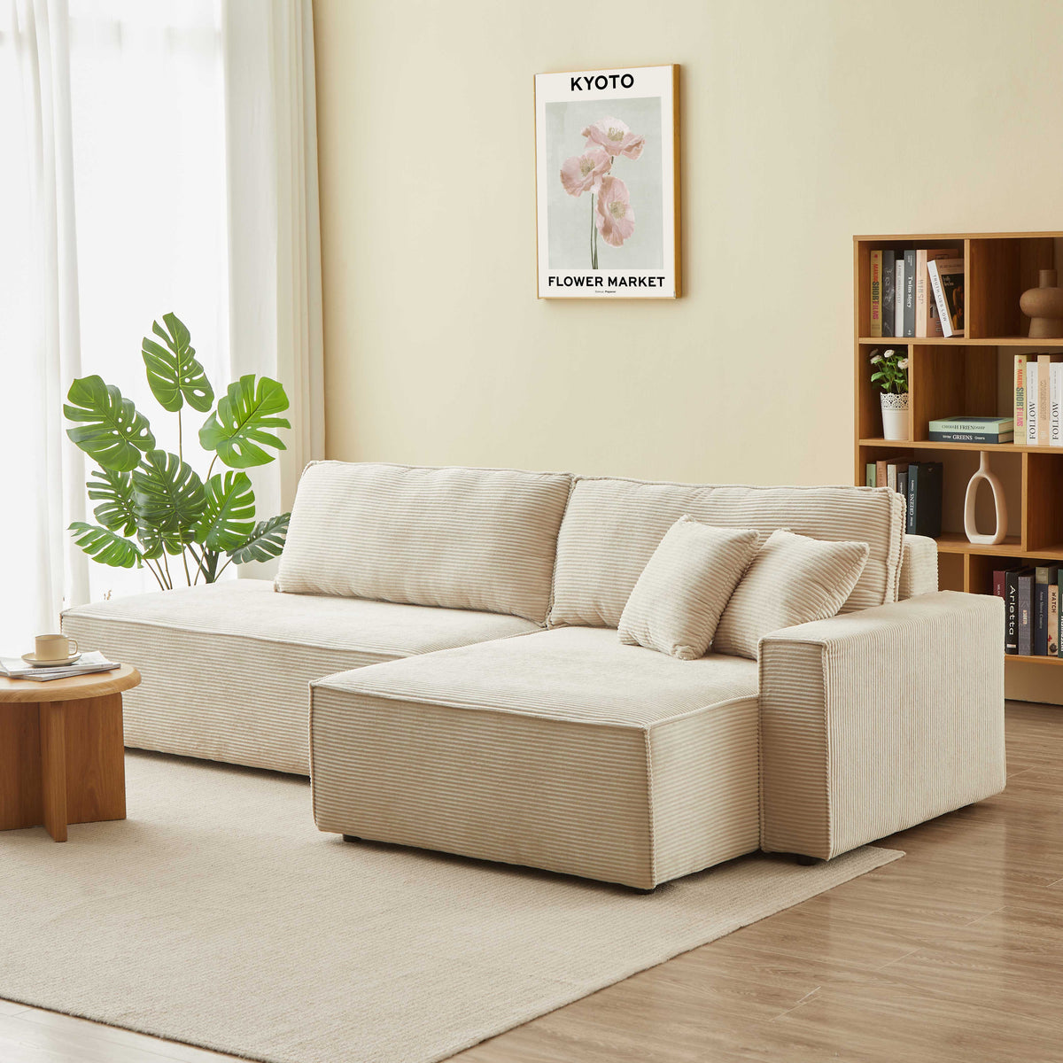 Canapé d'angle droit ouvert convertible 4 places velours cotelé beige