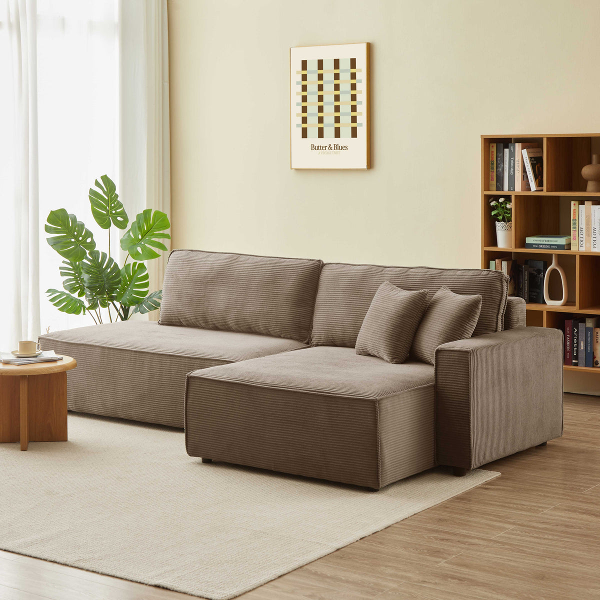 Canapé d'angle droit ouvert convertible 4 places velours cotelé taupe