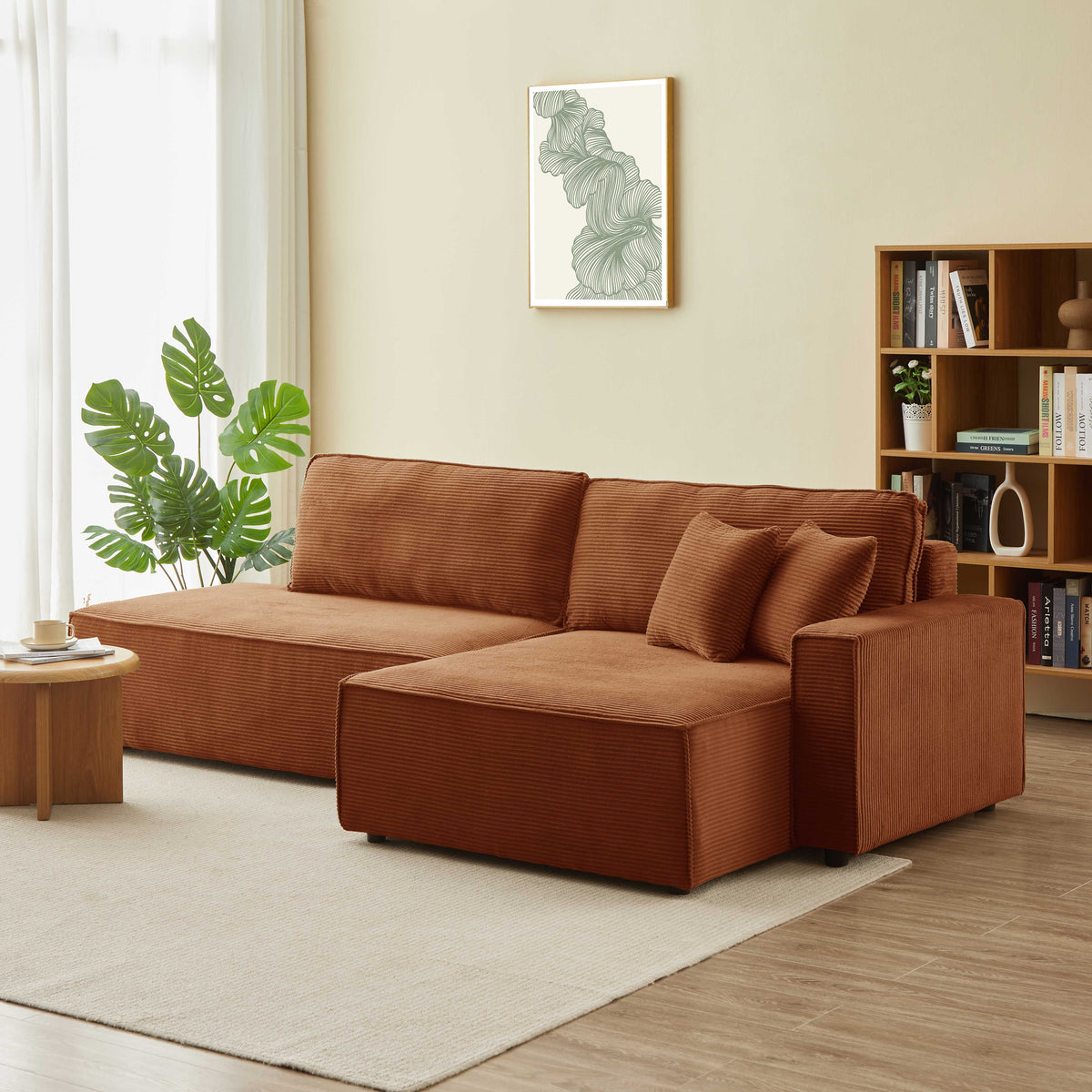 Canapé d'angle droit ouvert convertible 4 places velours cotelé terracotta