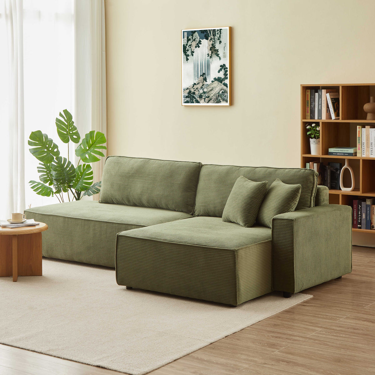 Canapé d'angle droit ouvert convertible 4 places velours cotelé vert