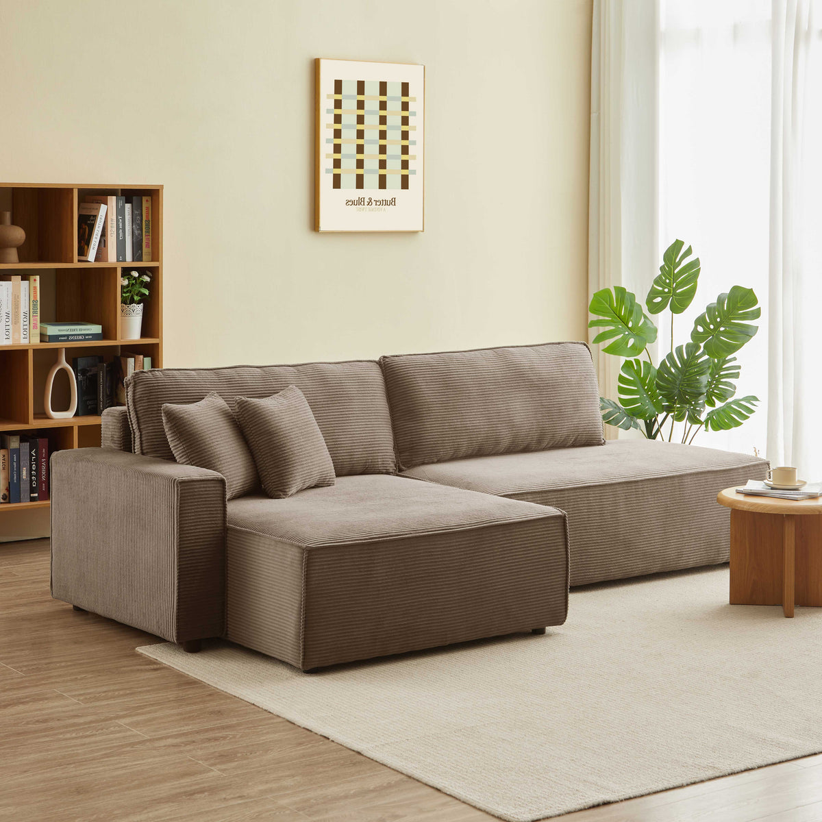 Canapé d'angle gauche ouvert convertible 4 places velours cotelé taupe