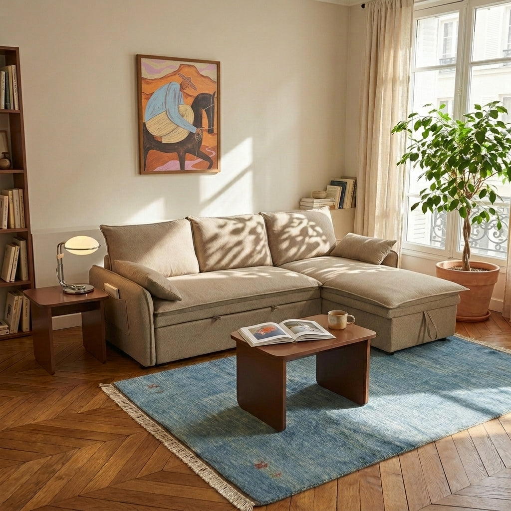 Canapé d'angle convertible et réversible 4 places tissu marron L221