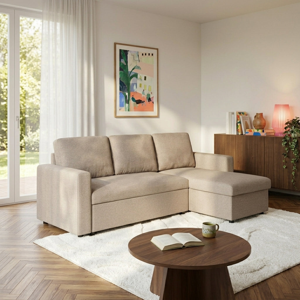 Canapé d'angle convertible et réversible 4 places tissu beige L220