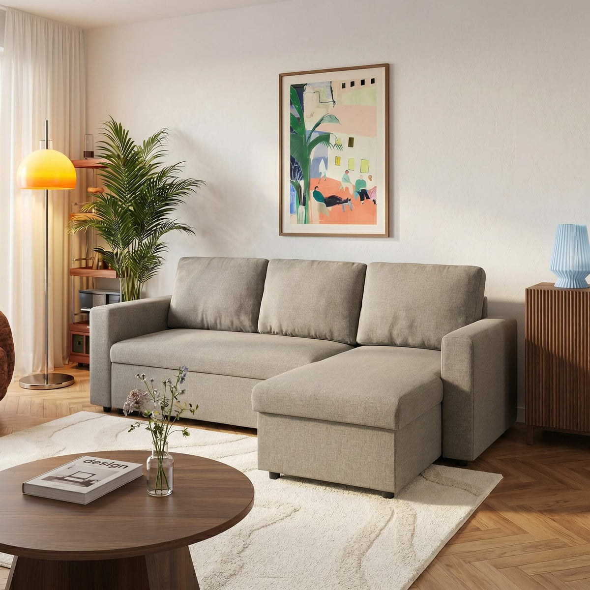 Canapé d'angle convertible et réversible 4 places tissu taupe L220