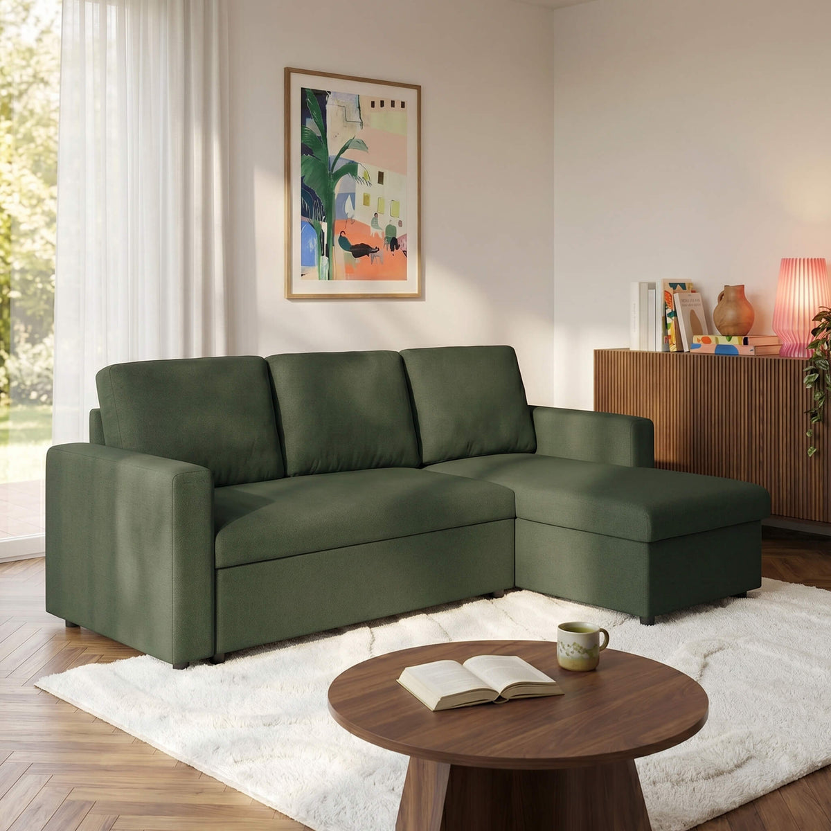 Canapé d'angle convertible et réversible 4 places tissu vert L220