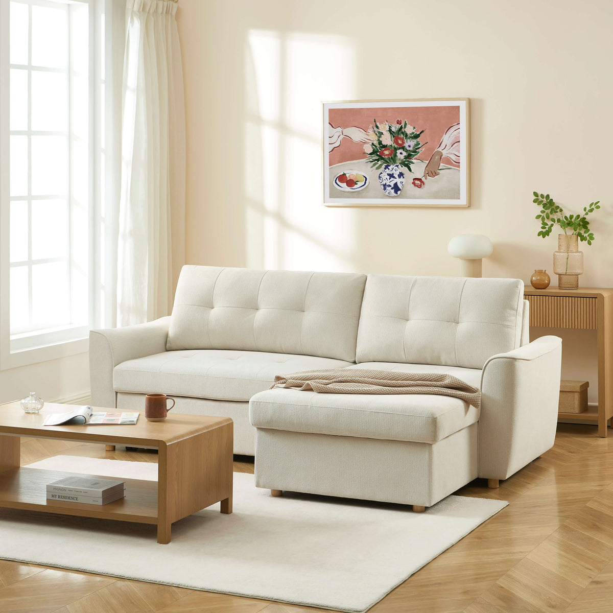 Canapé d'angle convertible et réversible 4 places tissu texturé beige L228