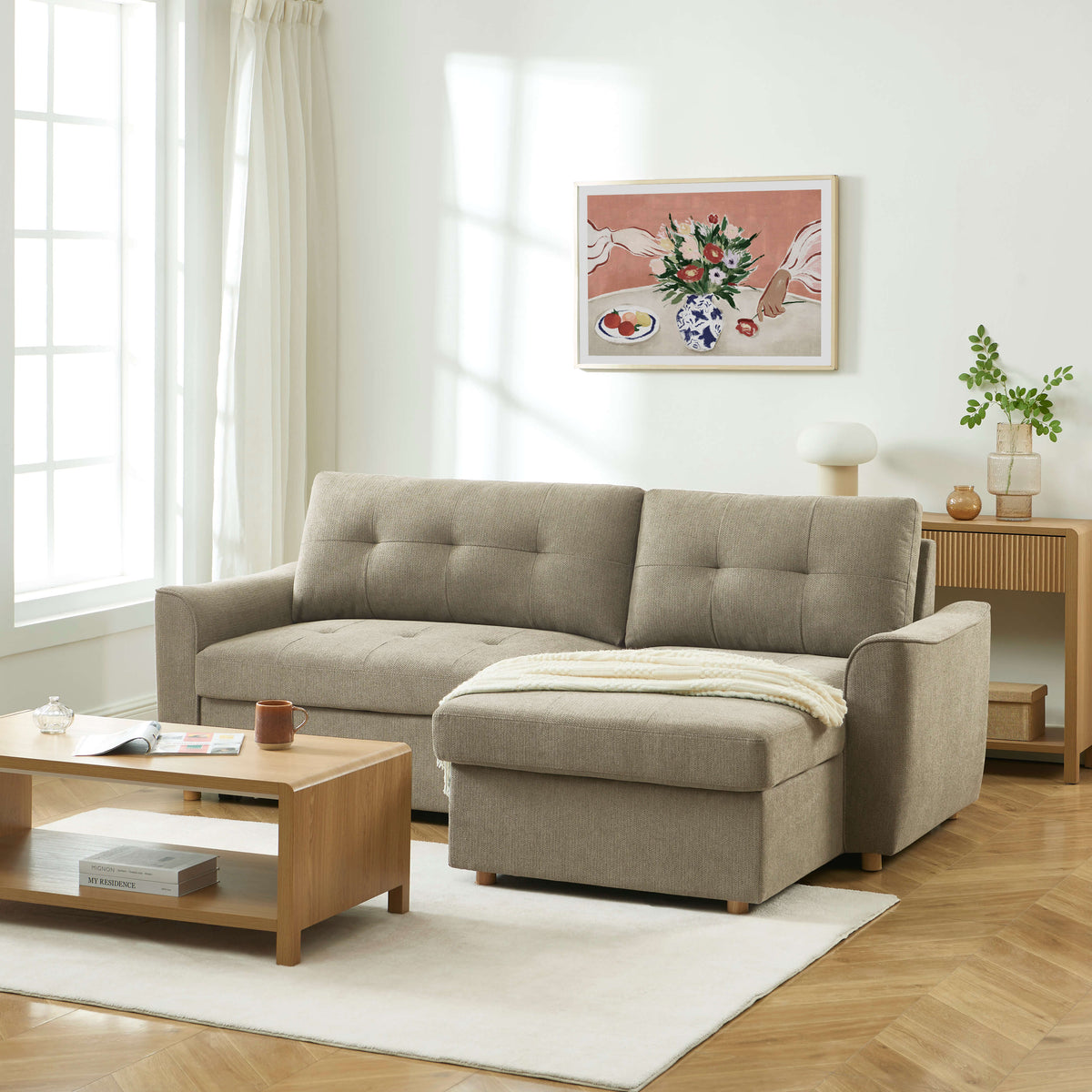 Canapé d'angle convertible et réversible 4 places tissu texturé taupe