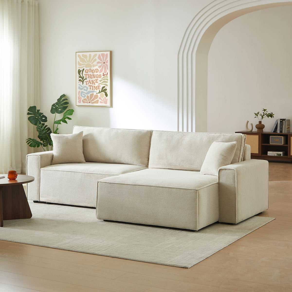 Canapé d'angle convertible et réversible 4 places velours côtelé beige L252 x P138