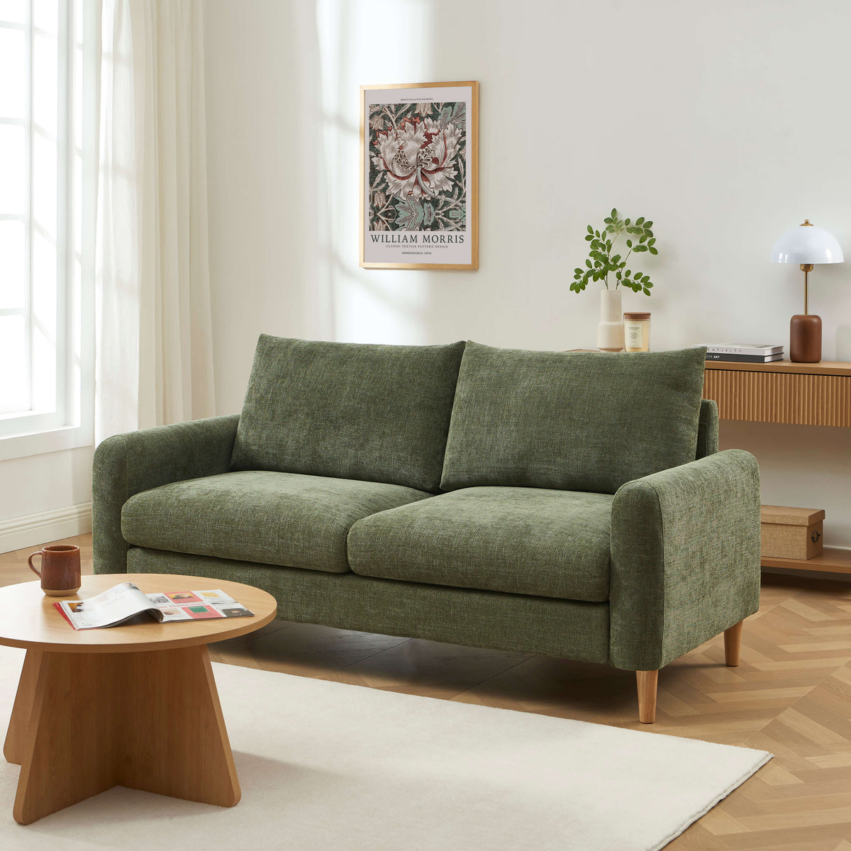 Canapé droit fixe 3 places tissu chenille vert