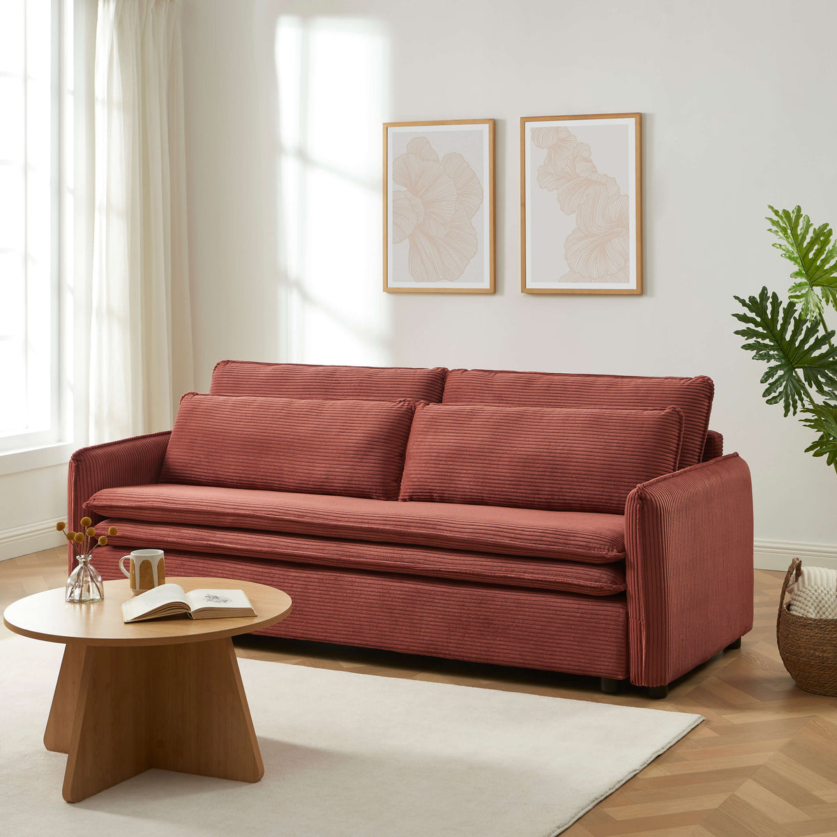 Canapé droit convertible 3 places velours côtelé terracotta L215
