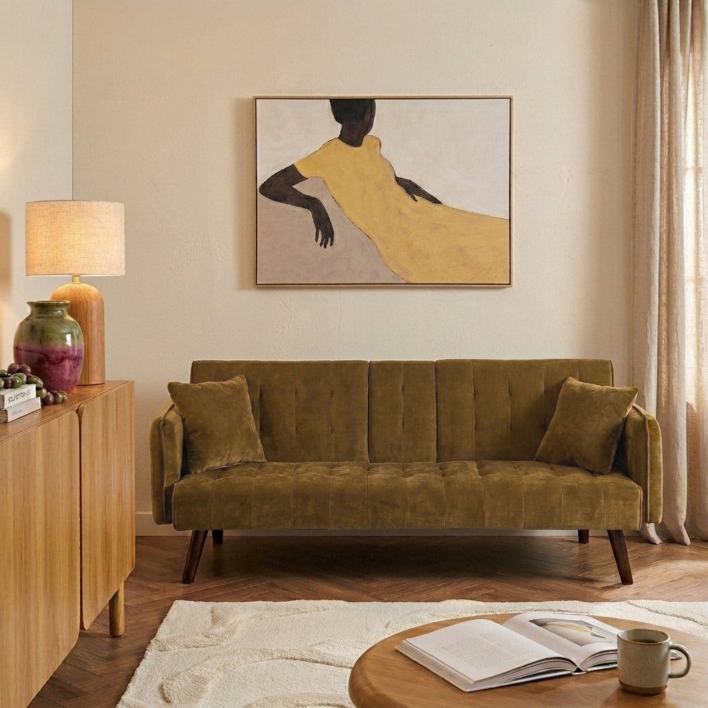 Canapé droit convertible 3 places tissu chenille tramé marron kaki