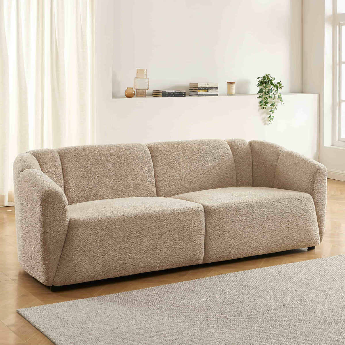 Canapé droit 3 places en tissu bouclette beige
