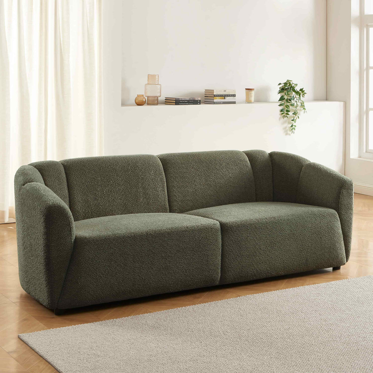 Canapé droit 3 places en tissu bouclette vert