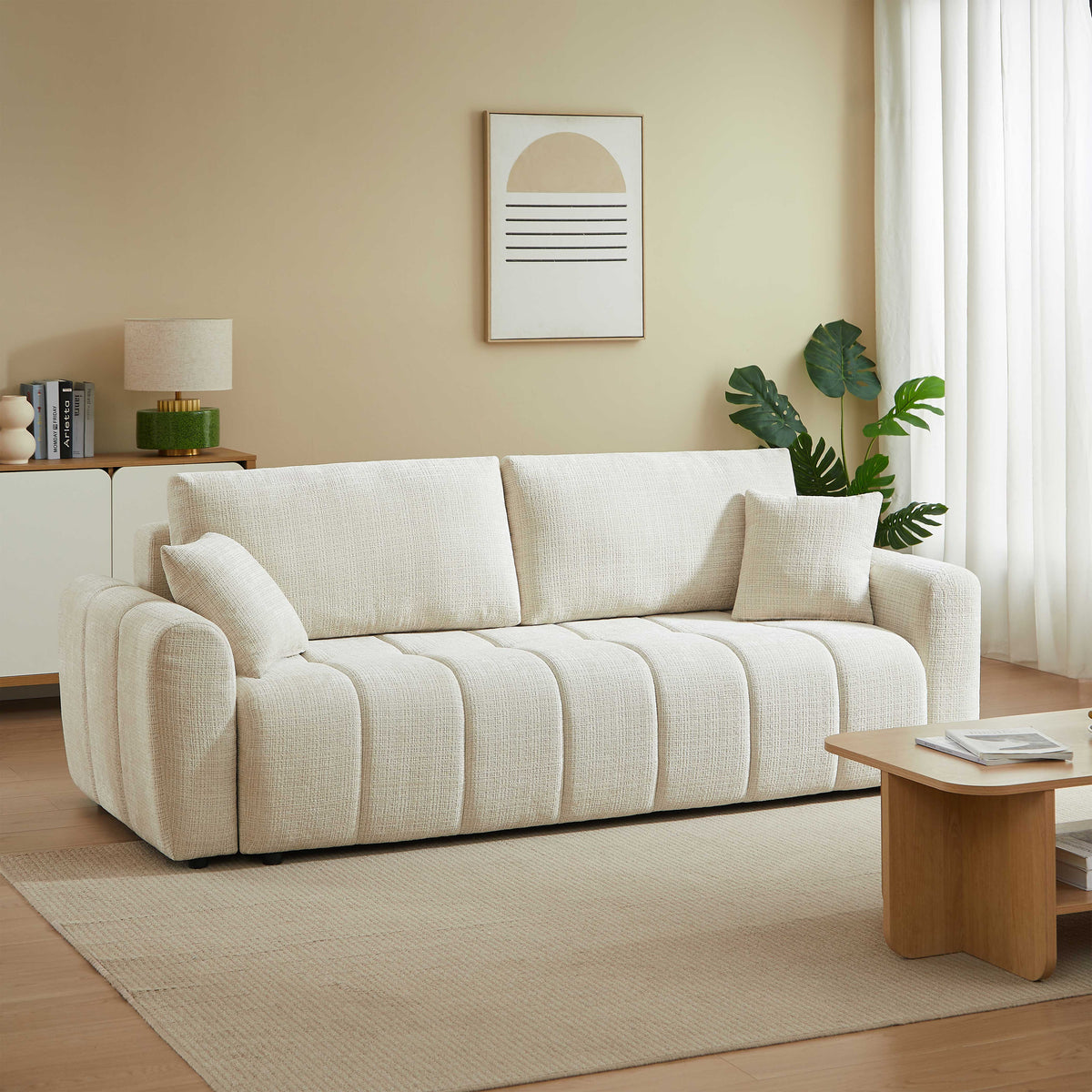 Canapé droit convertible 3 places tissu texturé beige