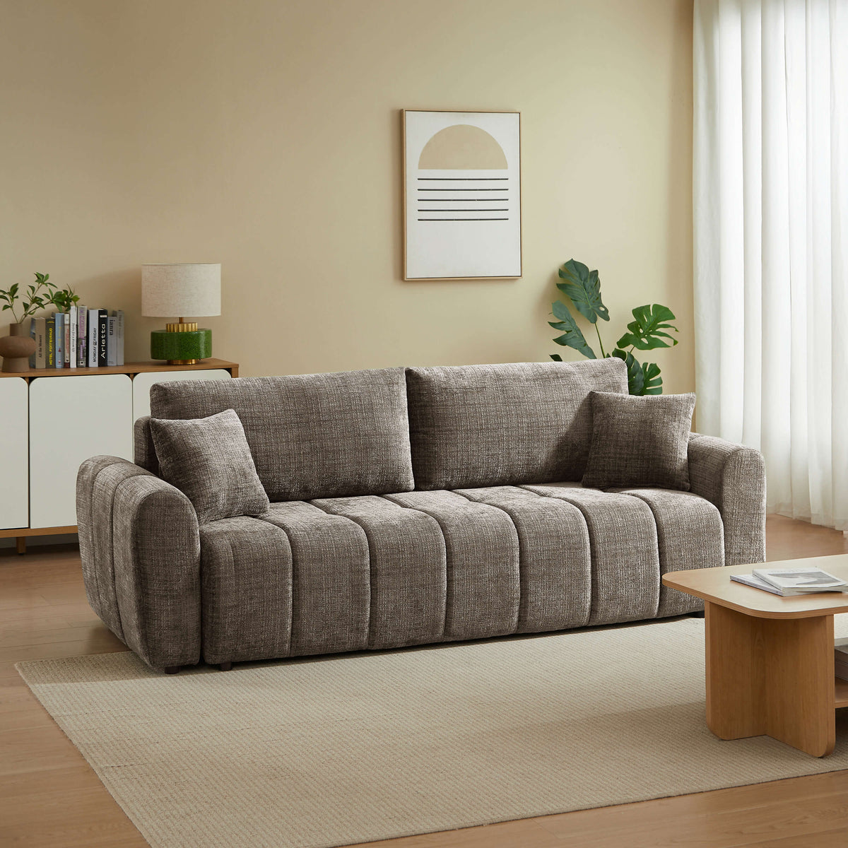 Canapé droit convertible 3 places tissu texturé marron
