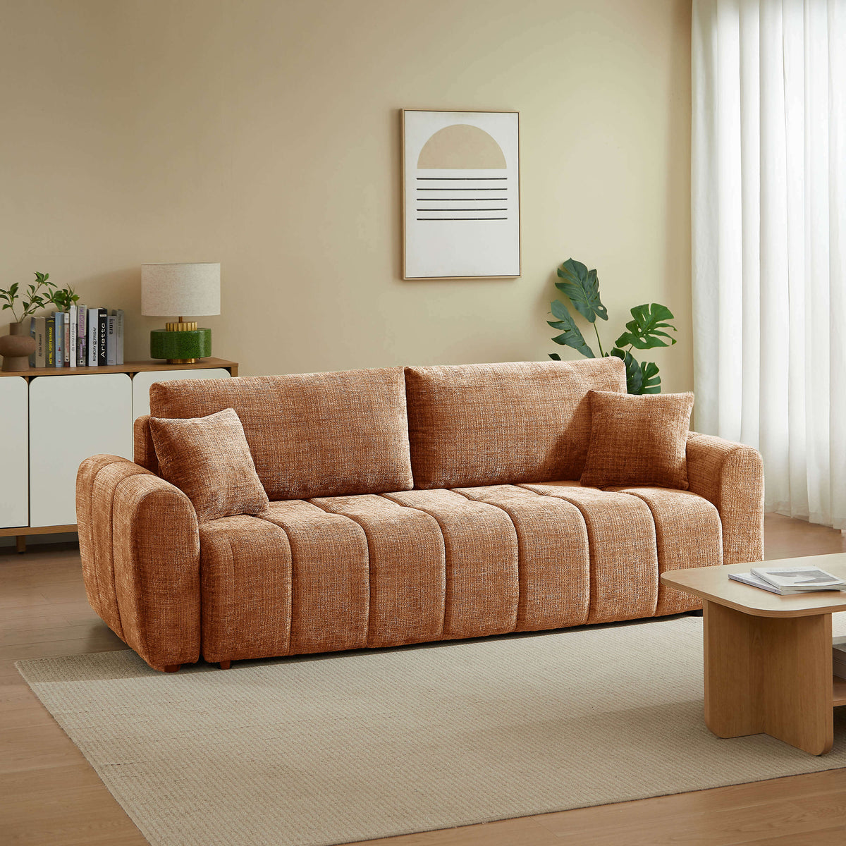 Canapé droit convertible 3 places tissu texturé terracotta