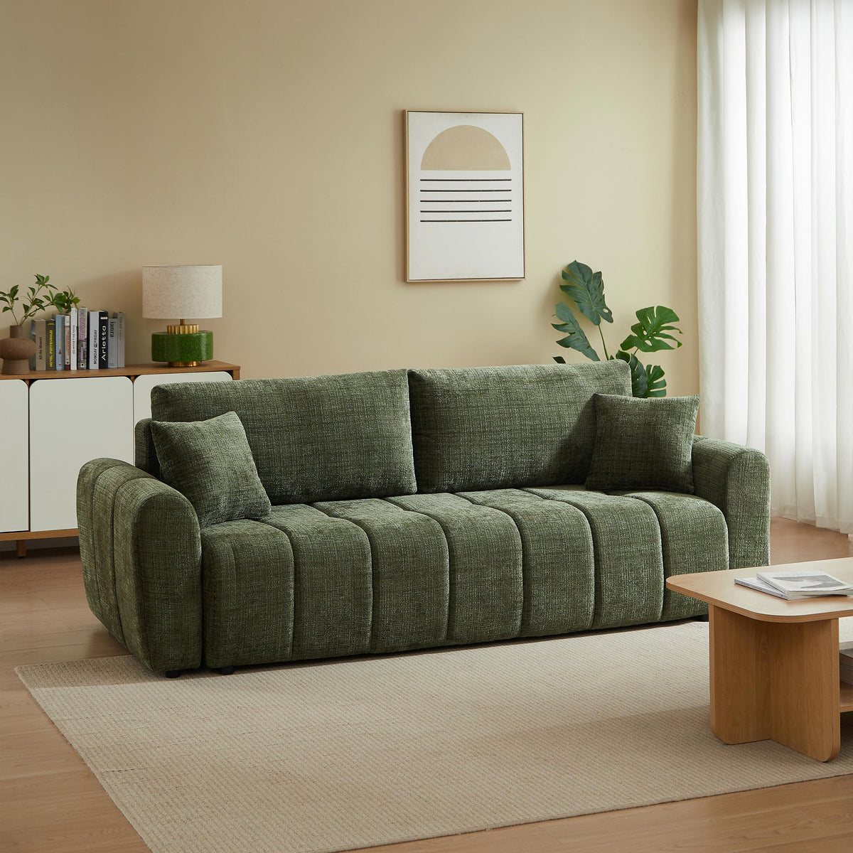 Canapé droit convertible 3 places tissu texturé vert