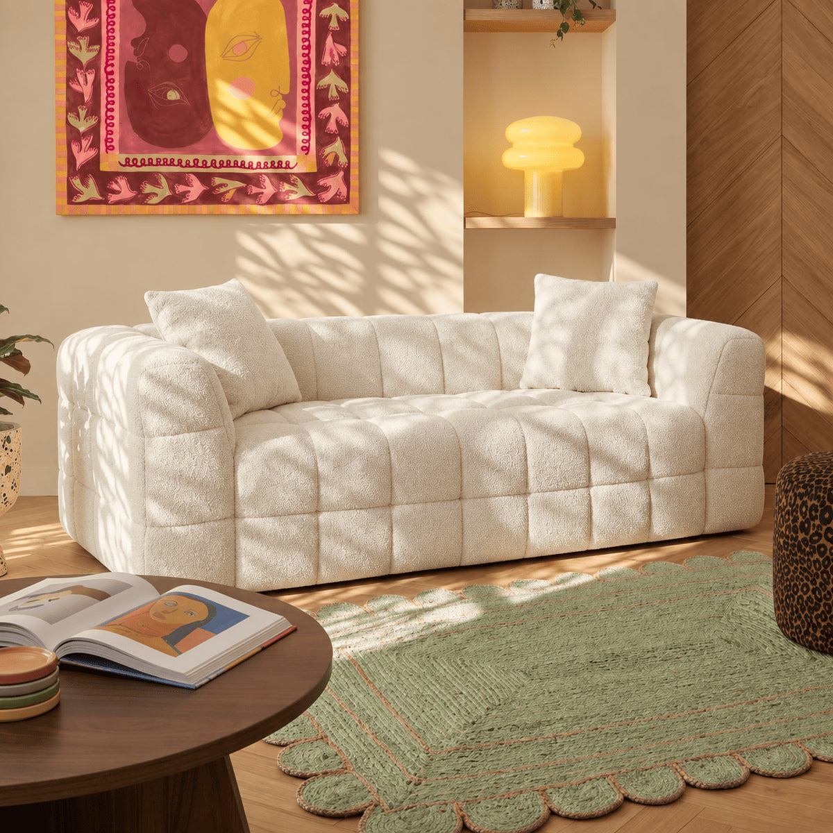 Canapé droit compressé 3 places tissu bouclette beige