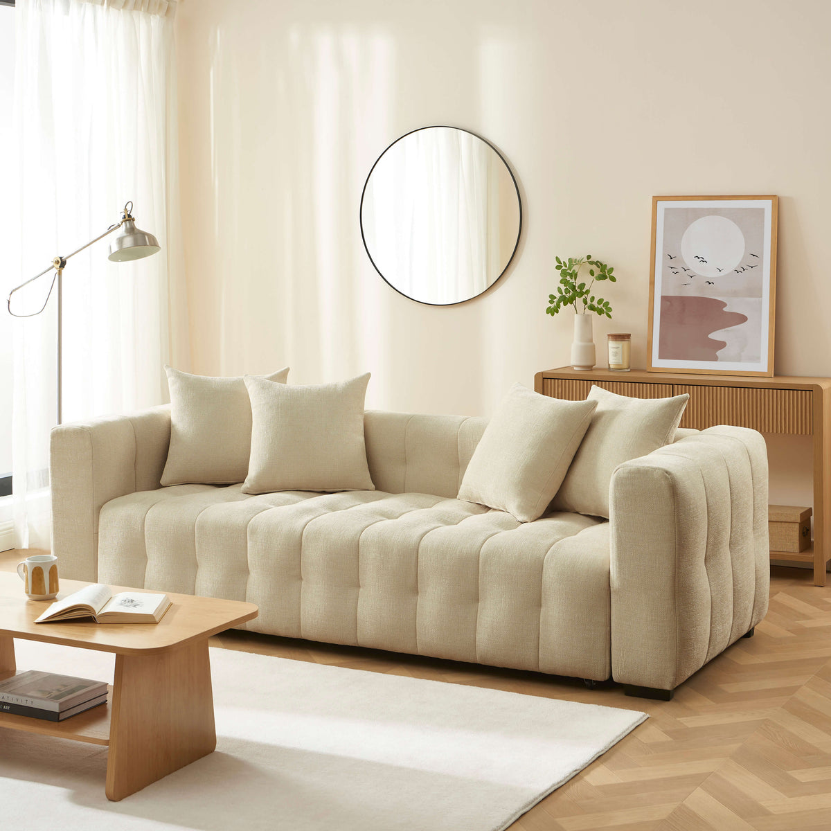 Canapé droit convertible 3 places tissu taupe