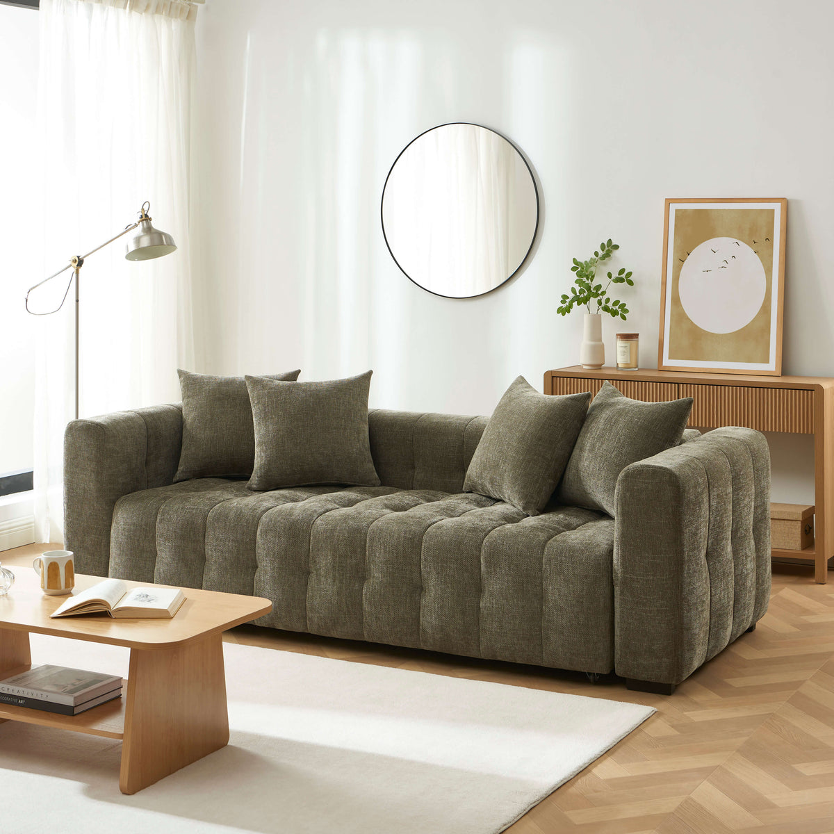 Canapé droit convertible 3 places tissu vert L240