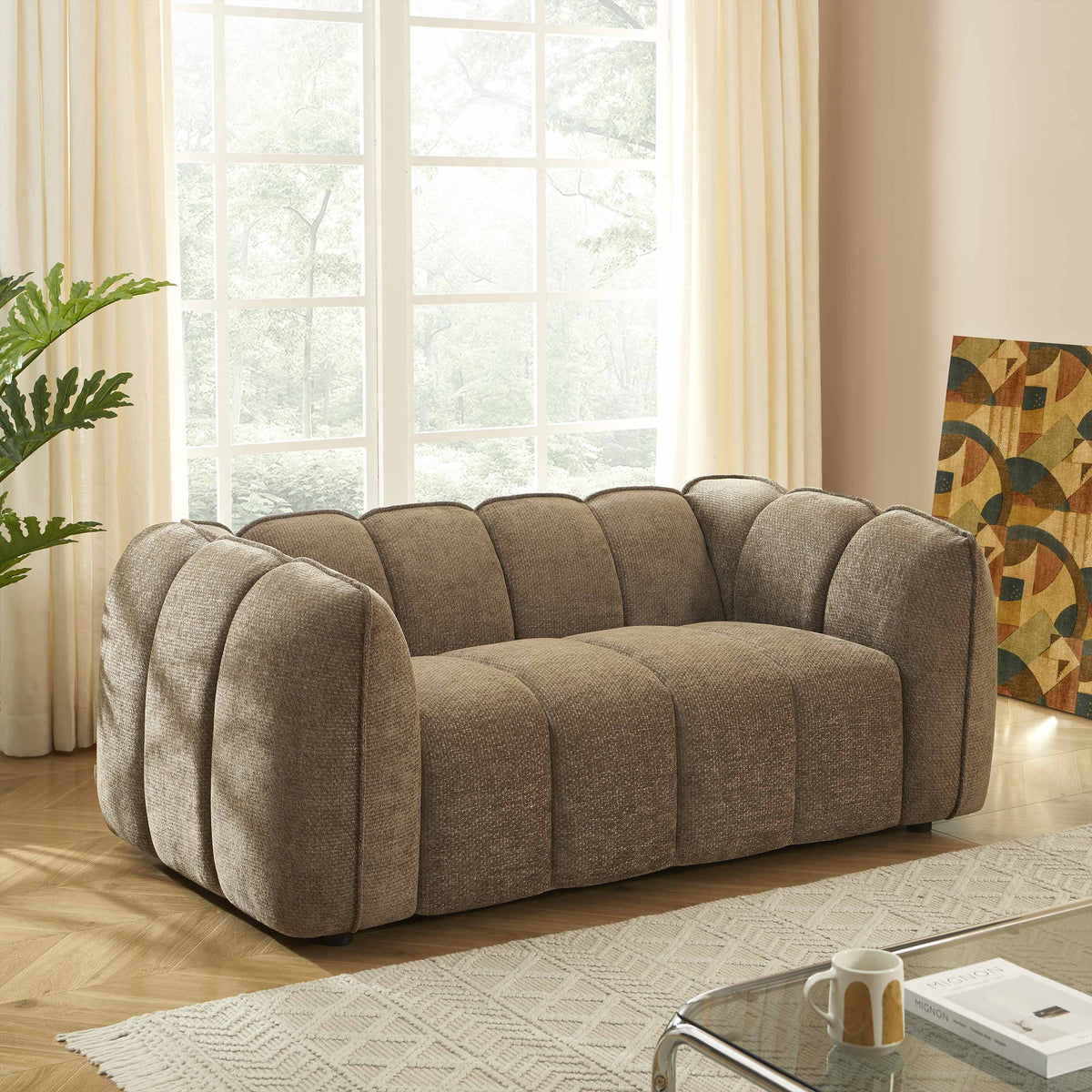 Canapé droit 2 places tissu chenille marron