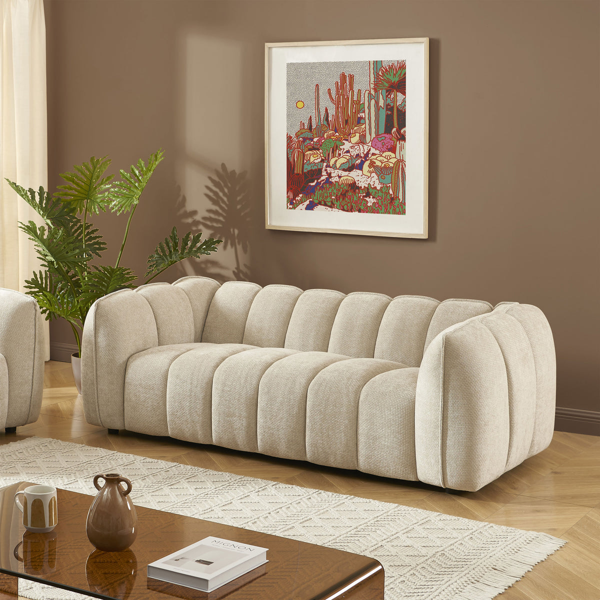 Canapé droit 3 places tissu chenille beige