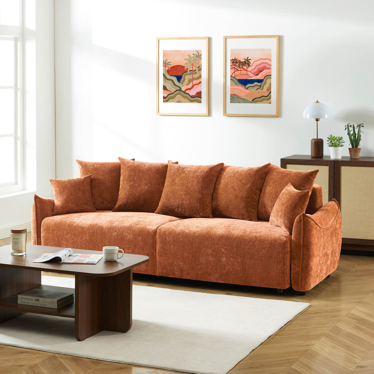 Canapé droit convertible 3 places tissu terracotta L228 x P96