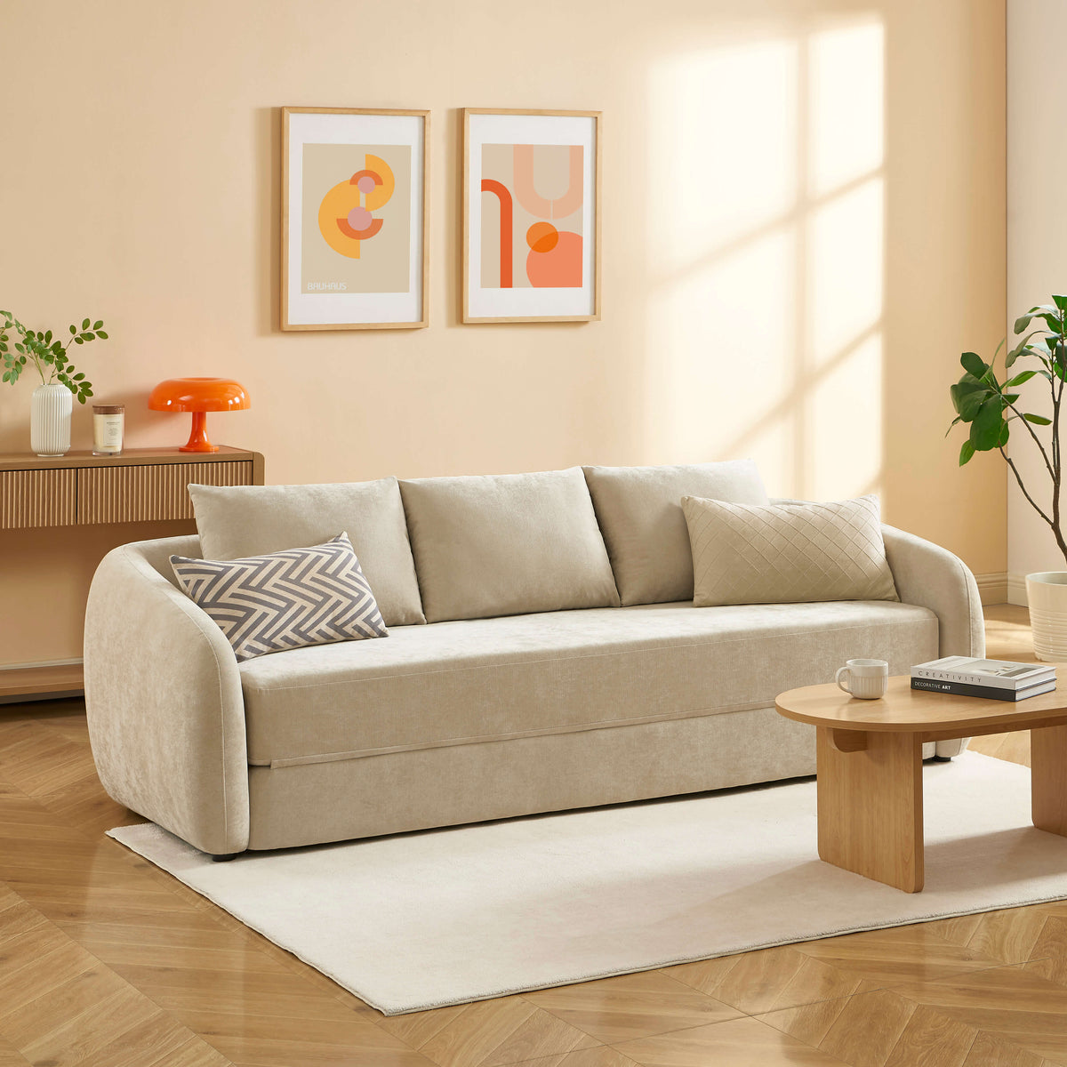 Canapé droit déplimousse 3 places tissu chenille beige