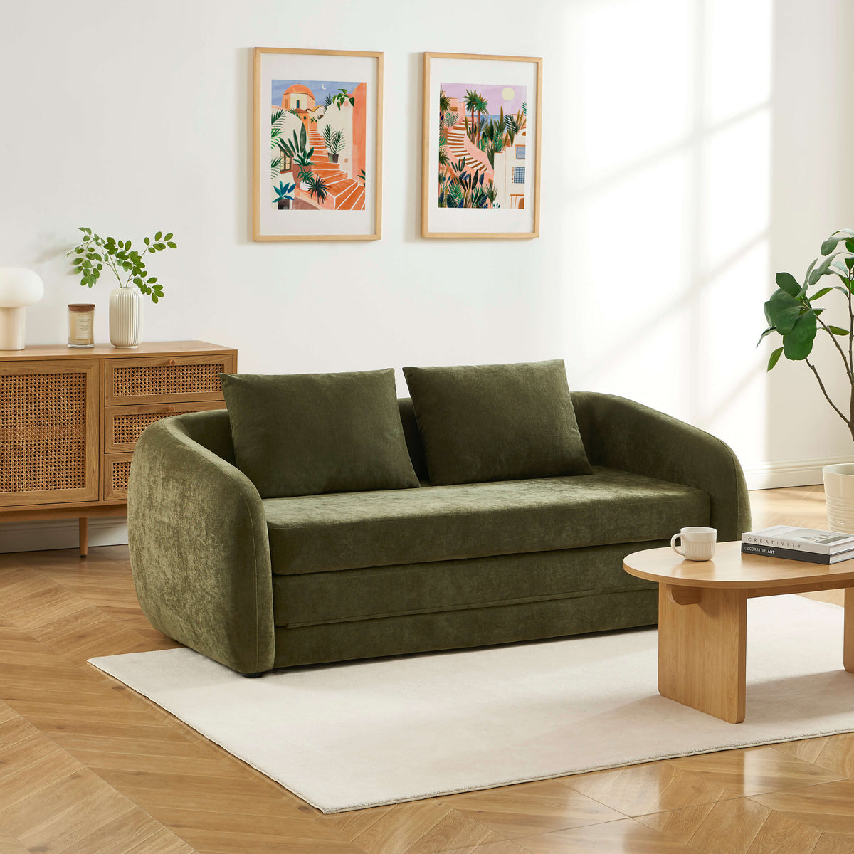 Canapé droit déplimousse 2 places tissu chenille vert