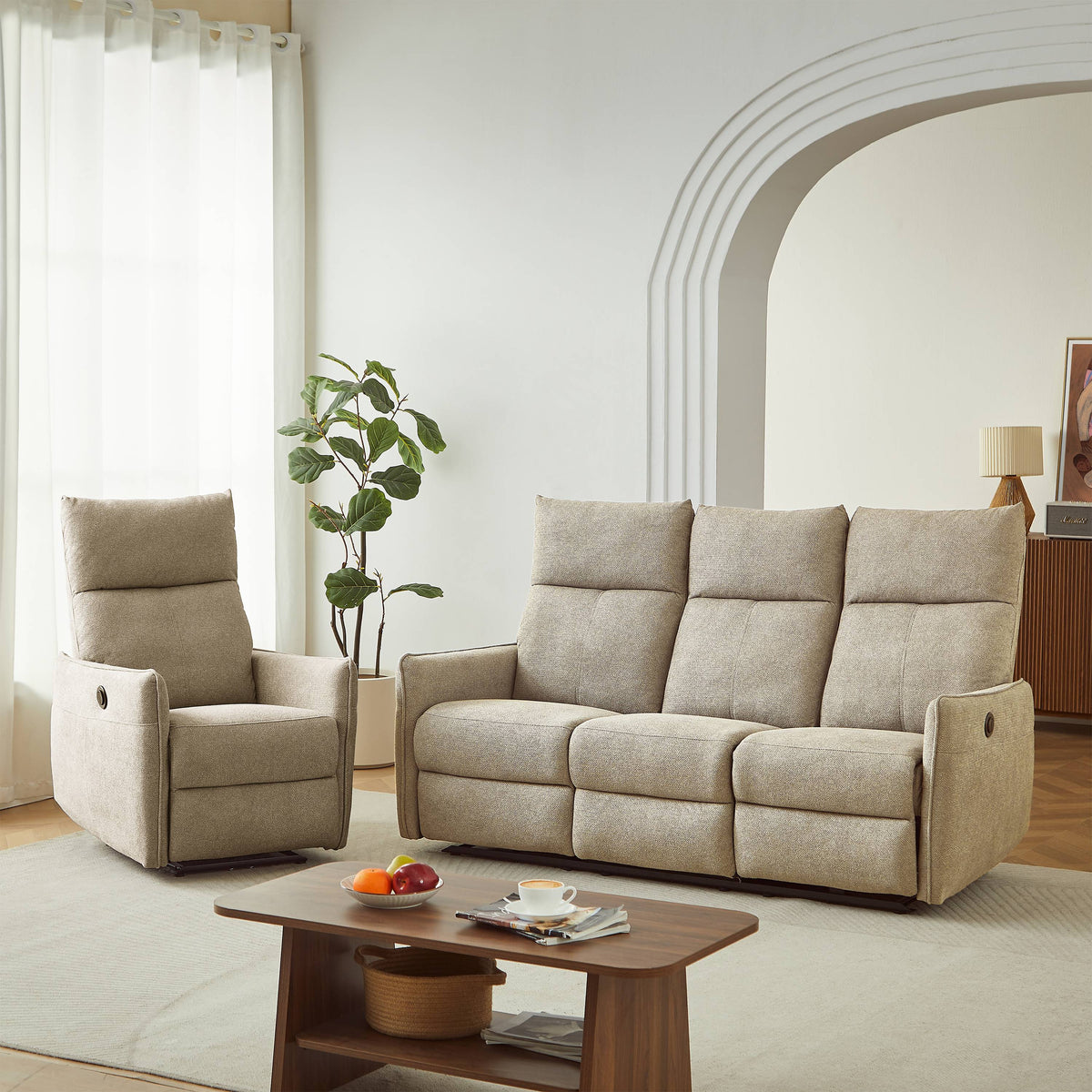 Canapé relax électrique 3 places tissu chenille beige