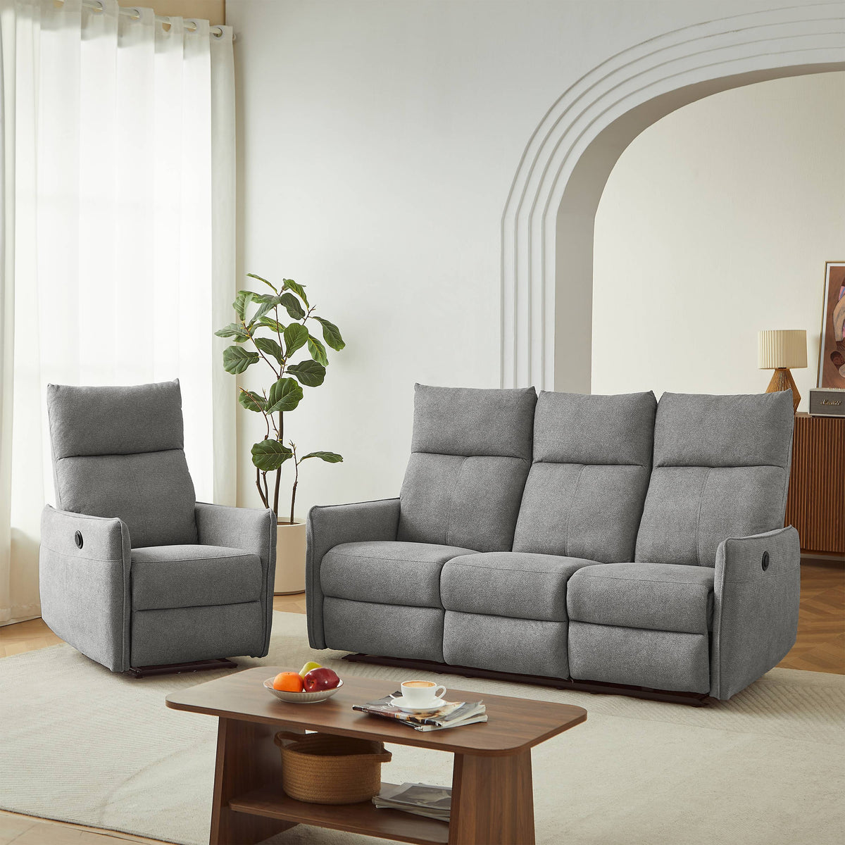 Canapé relax électrique 3 places tissu chenille gris