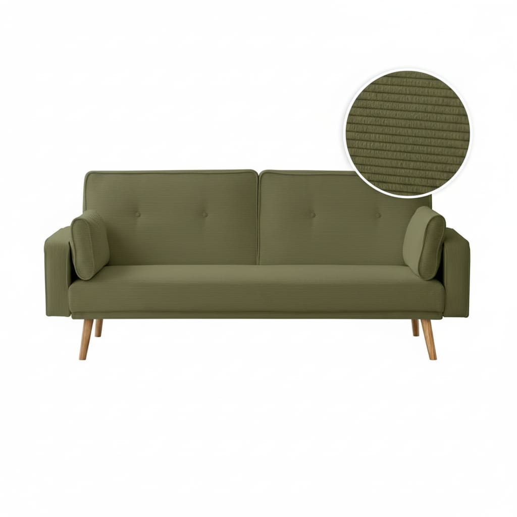 Canapé convertible 3 place beige en velours kaki