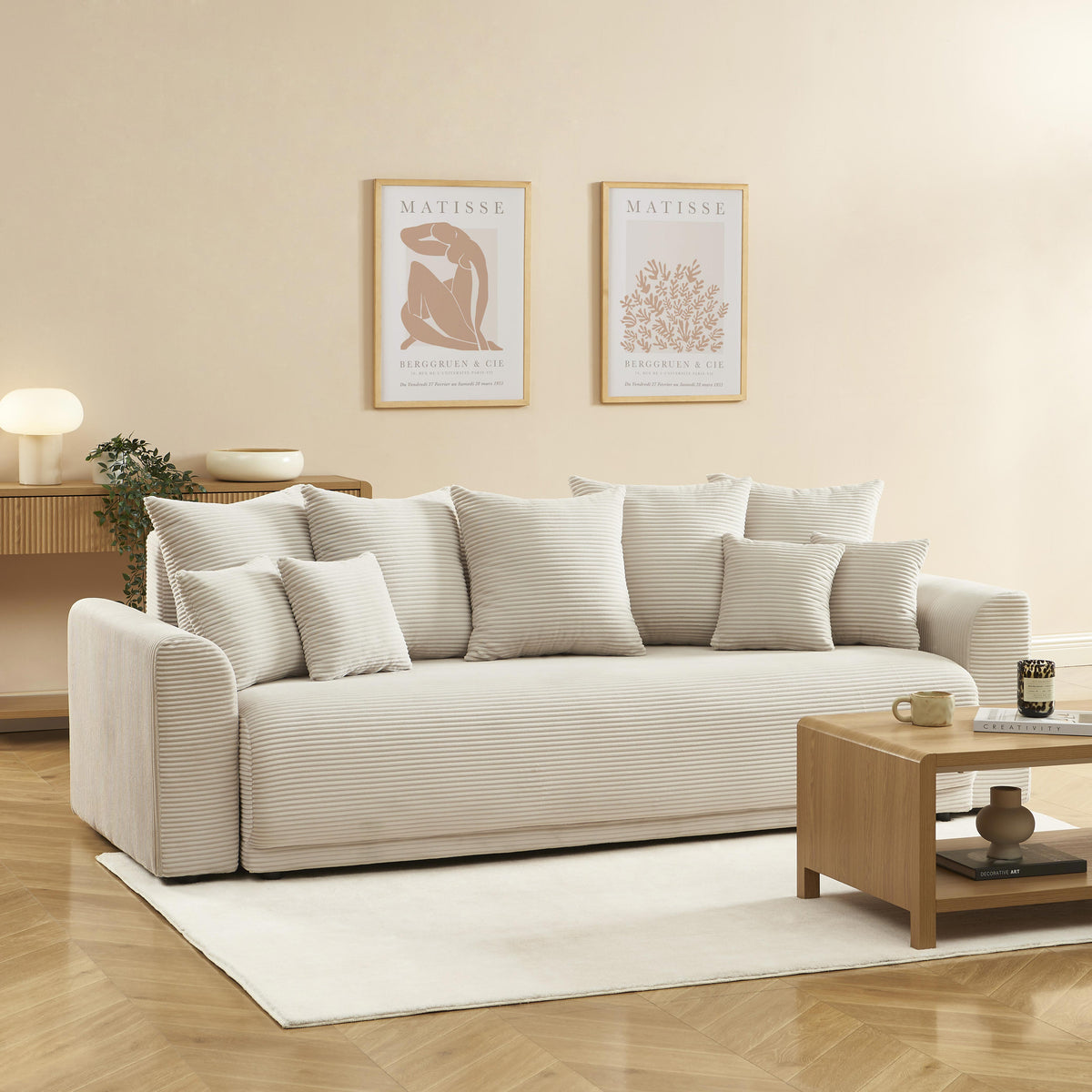 Canapé droit convertible 3 places velours côtelé beige L230