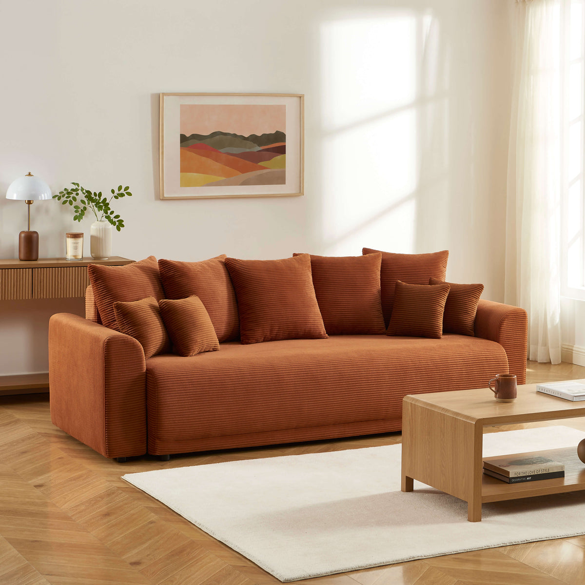 Canapé droit convertible 3 places velours côtelé terracotta L230