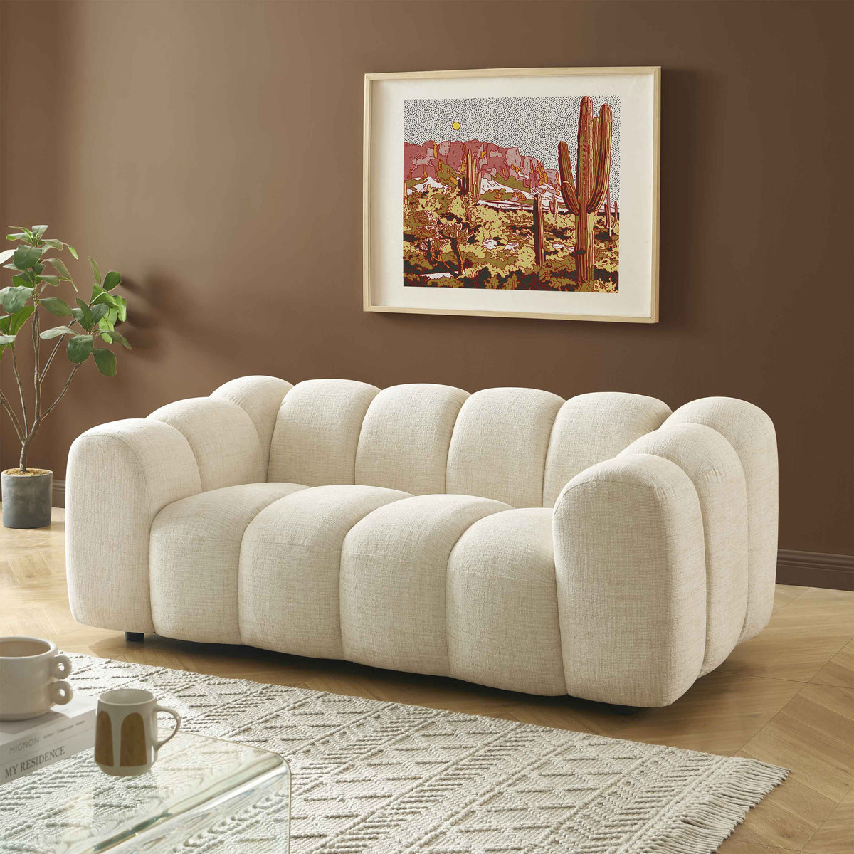 Canapé droit 2 places tissu tweed écru