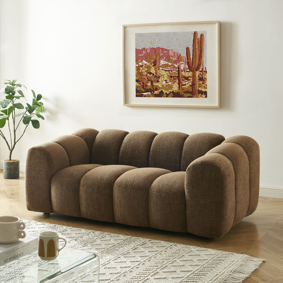 Canapé droit 2 places tissu tweed marron