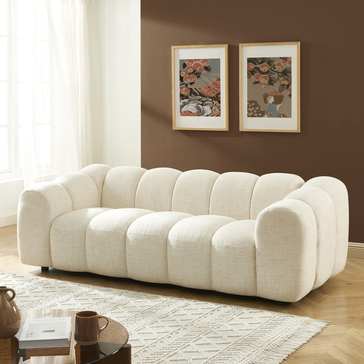 Canapé droit 3 places tissu tweed écru