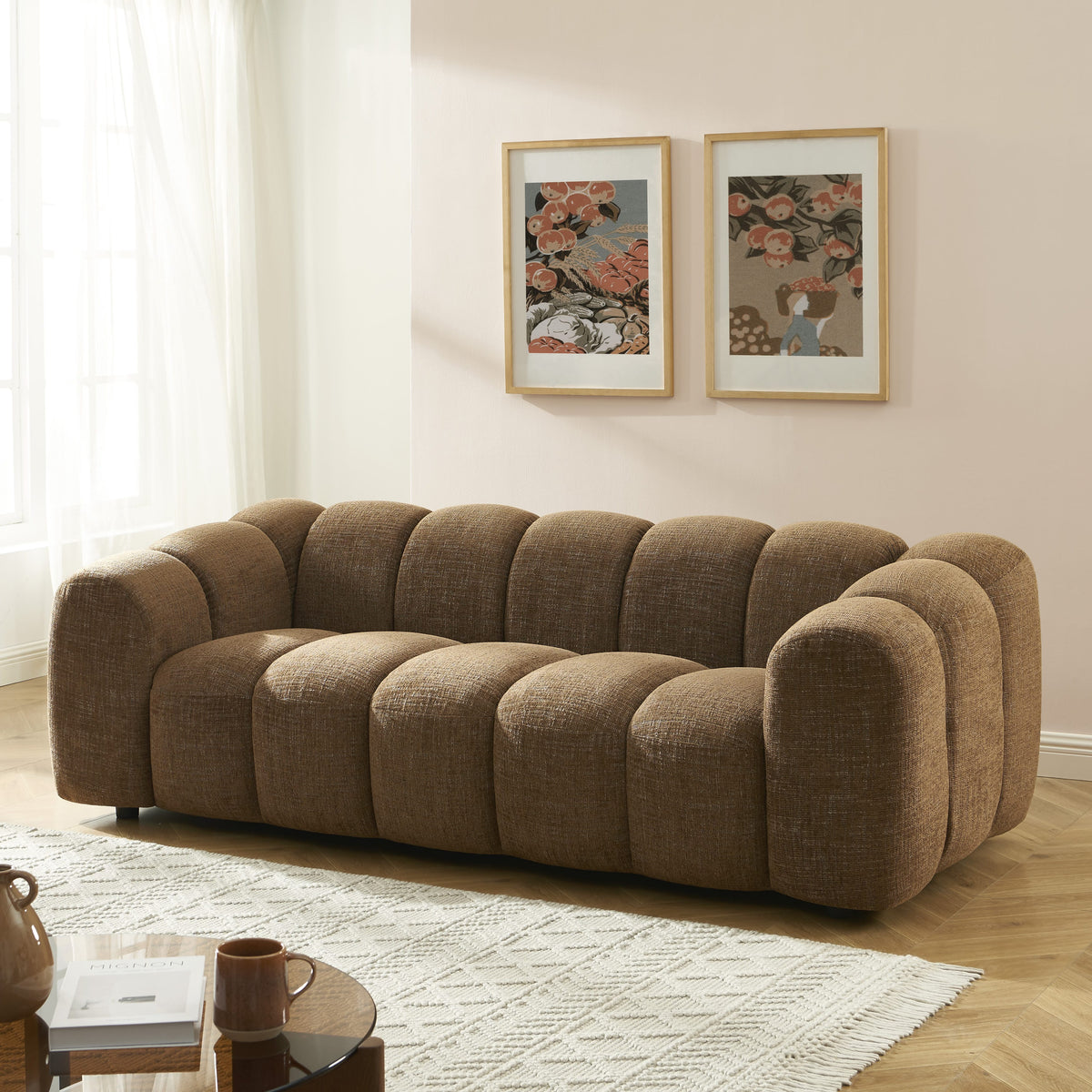 Canapé droit 3 places tissu tweed marron