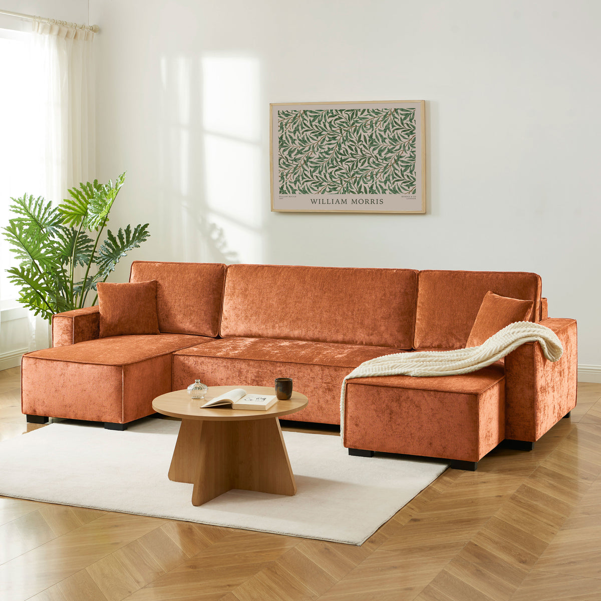 Canapé panoramique convertible 6 places tissu terracotta