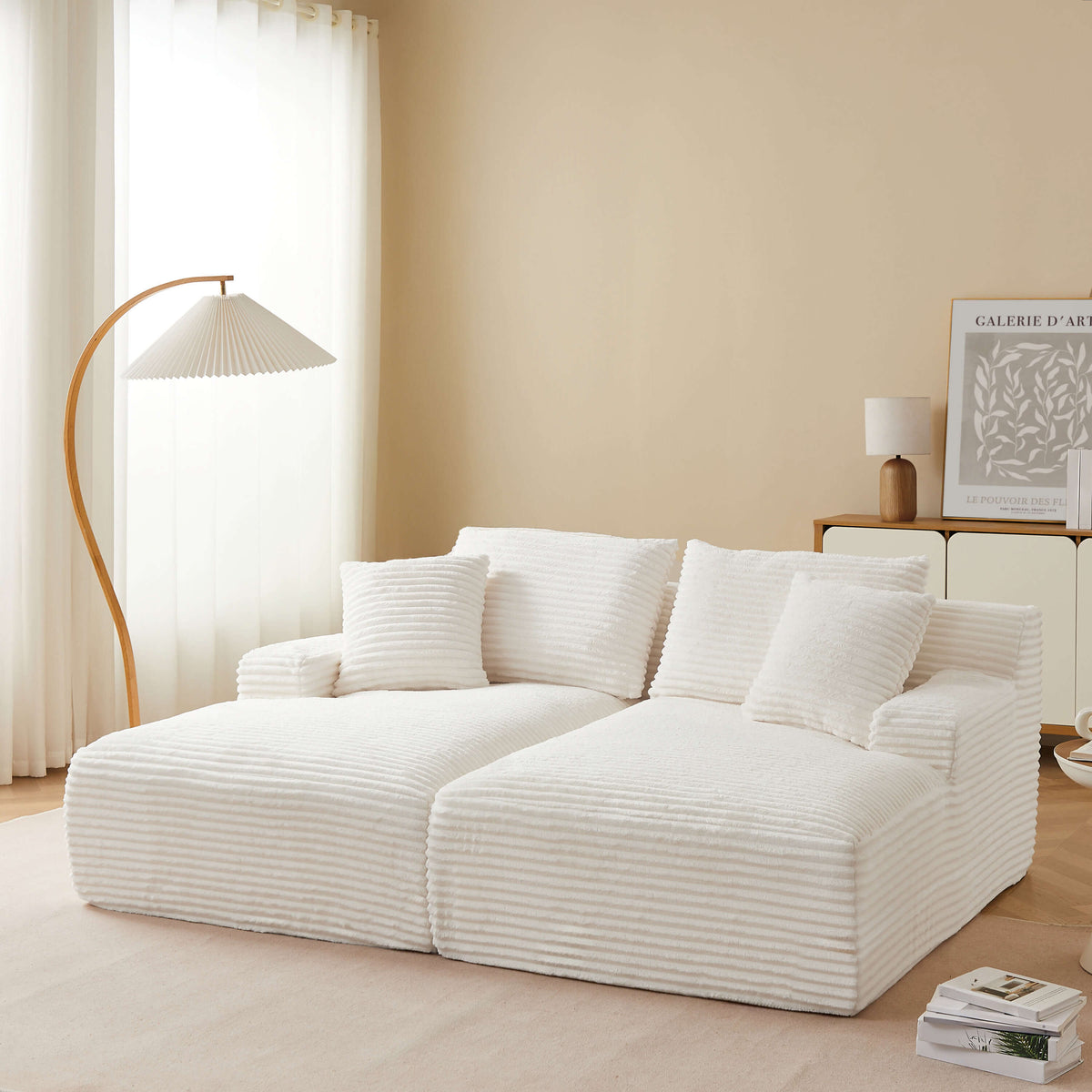 Canapé droit profond fixe et compressé 3 places velours côtelé beige
