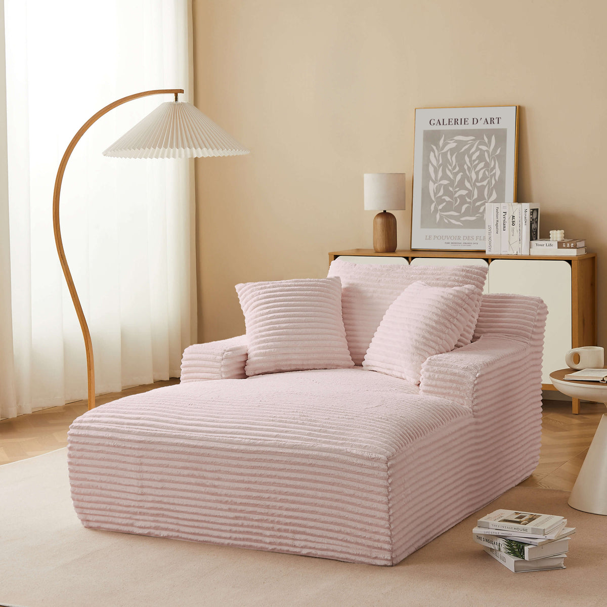 Canapé droit profond fixe et compressé 1 place velours côtelé rose