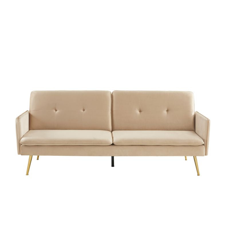 Canapé convertible 3 places en velours beige pied métal doré