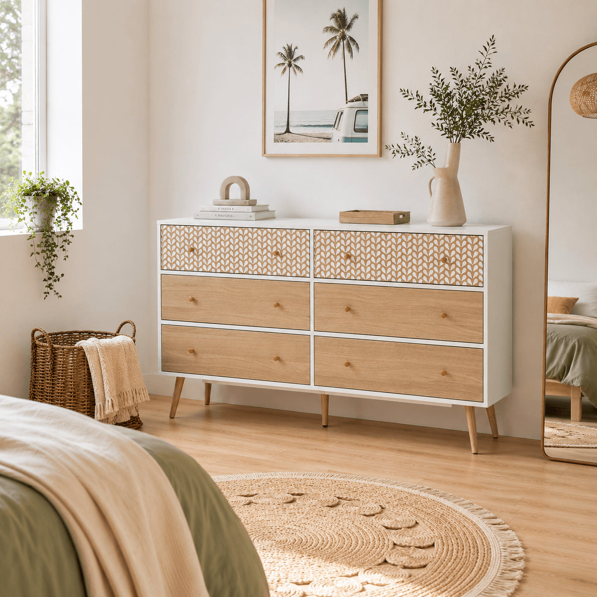 Commode 6 tiroirs blanc et effet chêne 150 cm