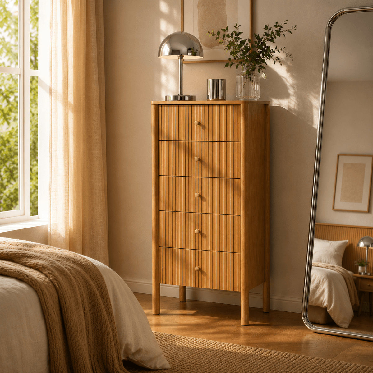 Chiffonnier placage chêne 5 tiroirs 55 cm
