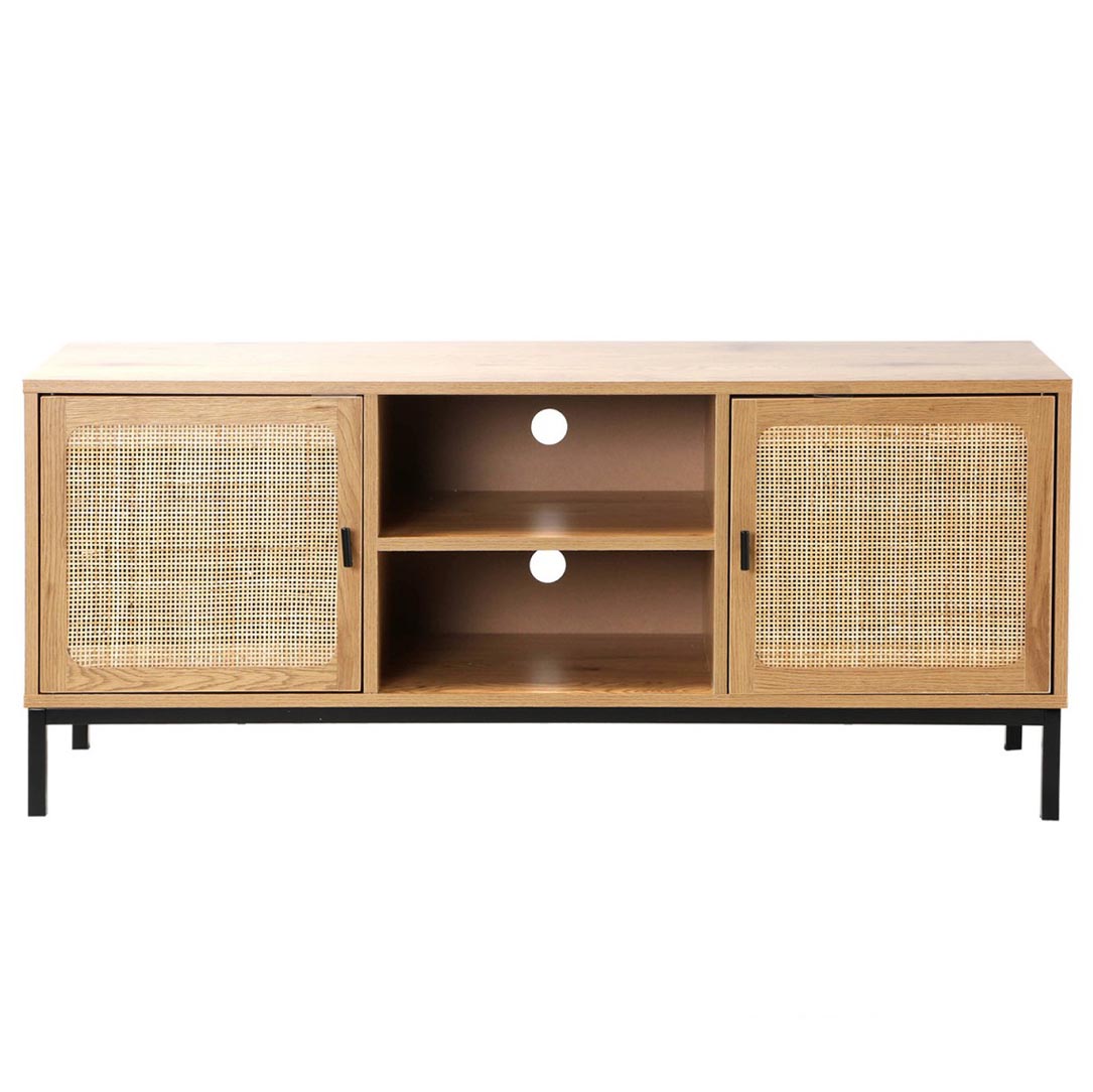 Meuble TV 2 portes en bois et rotin L120 x H51 x P40cm