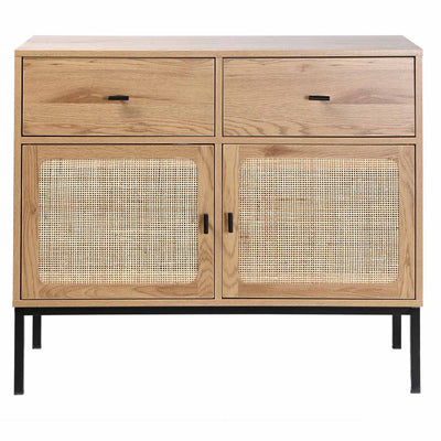 Commode 2 portes + 2 tiroirs en bois et rotin L90 x P40 x H80cm