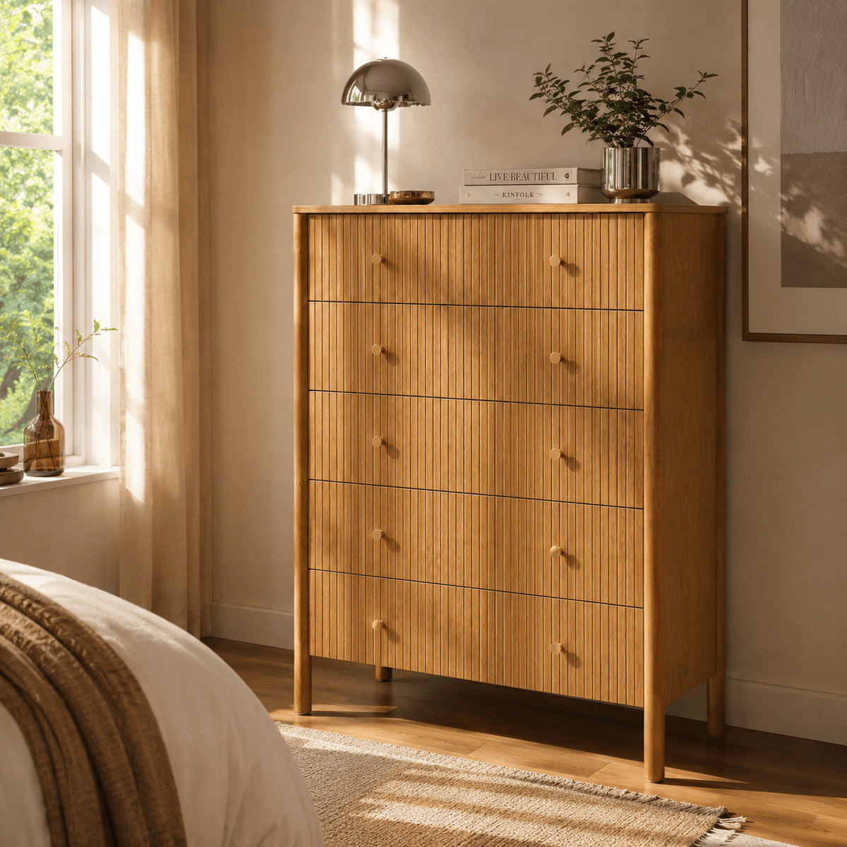 Commode placage chêne 5 tiroirs 90 cm