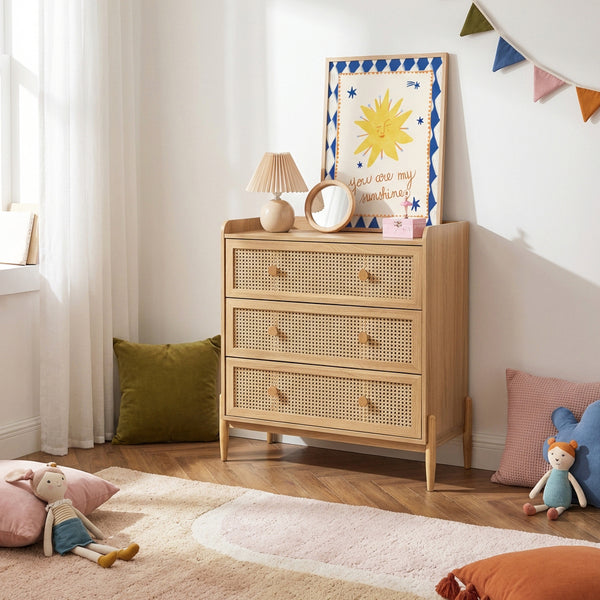 Cómoda infantil de 3 cajones con rejilla de ratán y efecto madera 80 cm