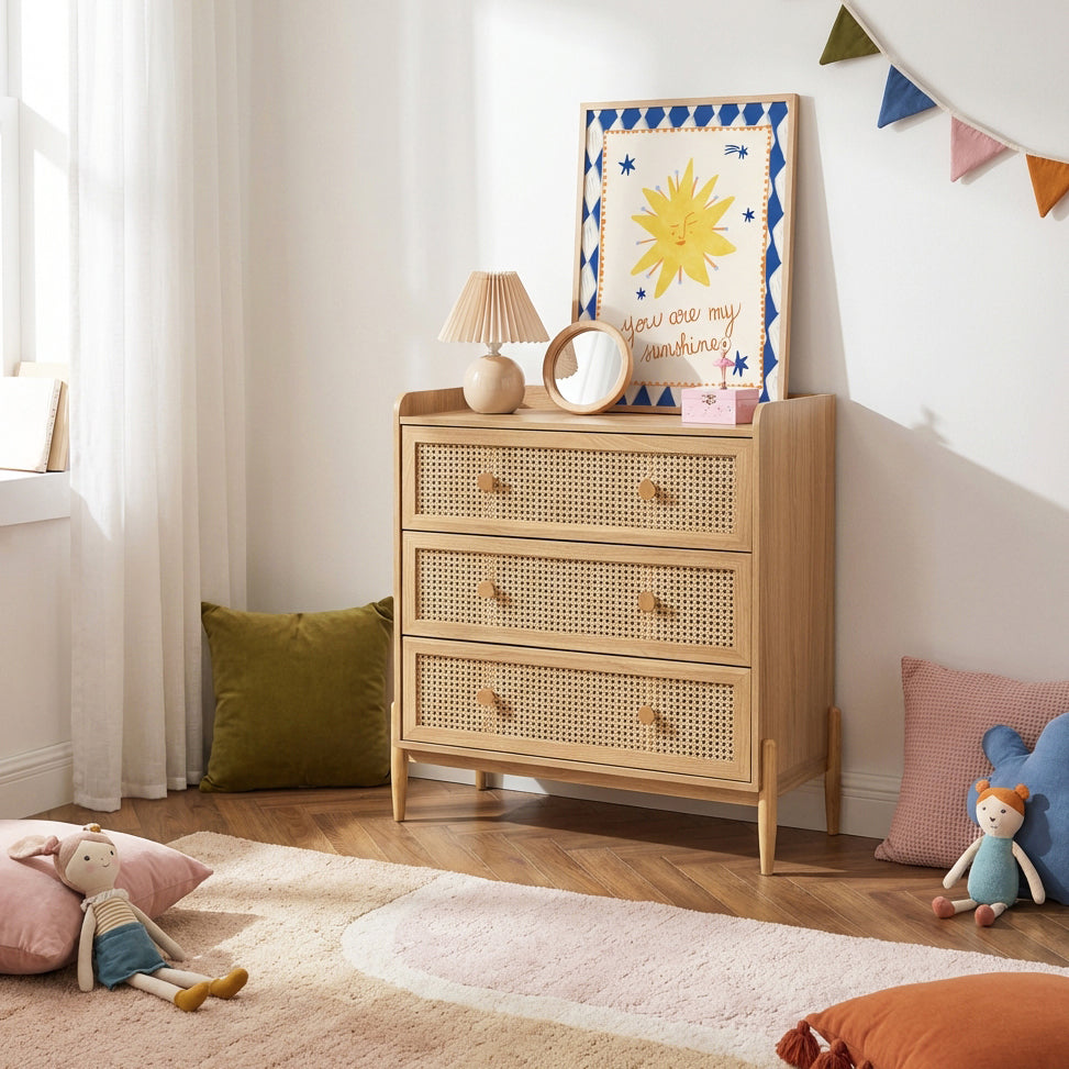 Commode enfant 3 tiroirs cannage rotin et effet bois 80 cm