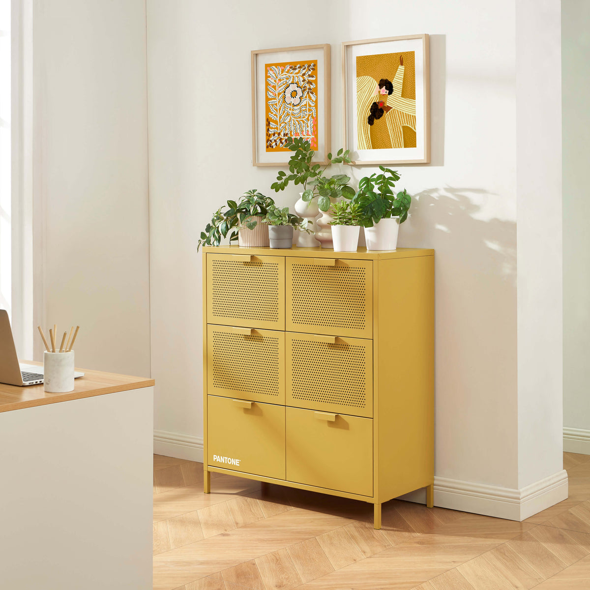Commode métal jaune moutarde 6 tiroirs 90 cm